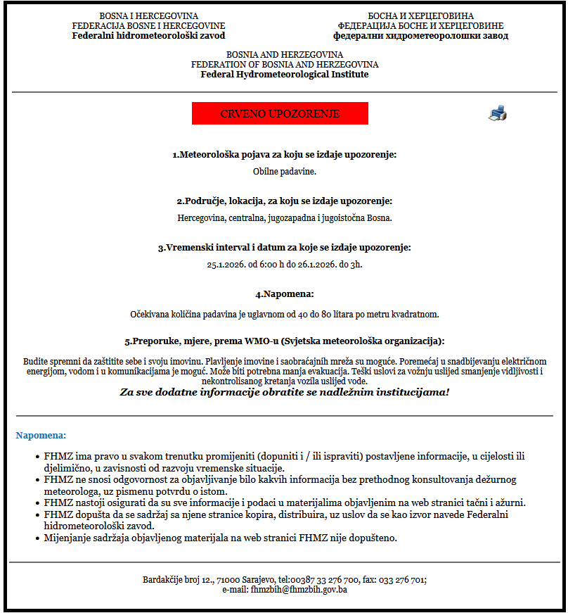 FHMZ: Izdato crveno upozorenje zbog obilnih padavina