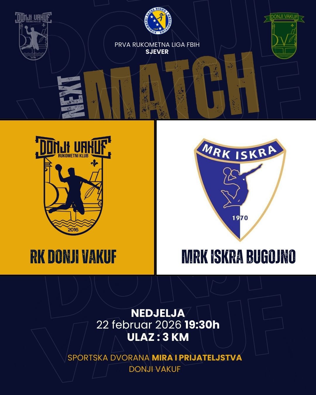 RUKOMET – Komšijski derbi :  RK Donji Vakuf dočekuje MRK Iskra Bugojno