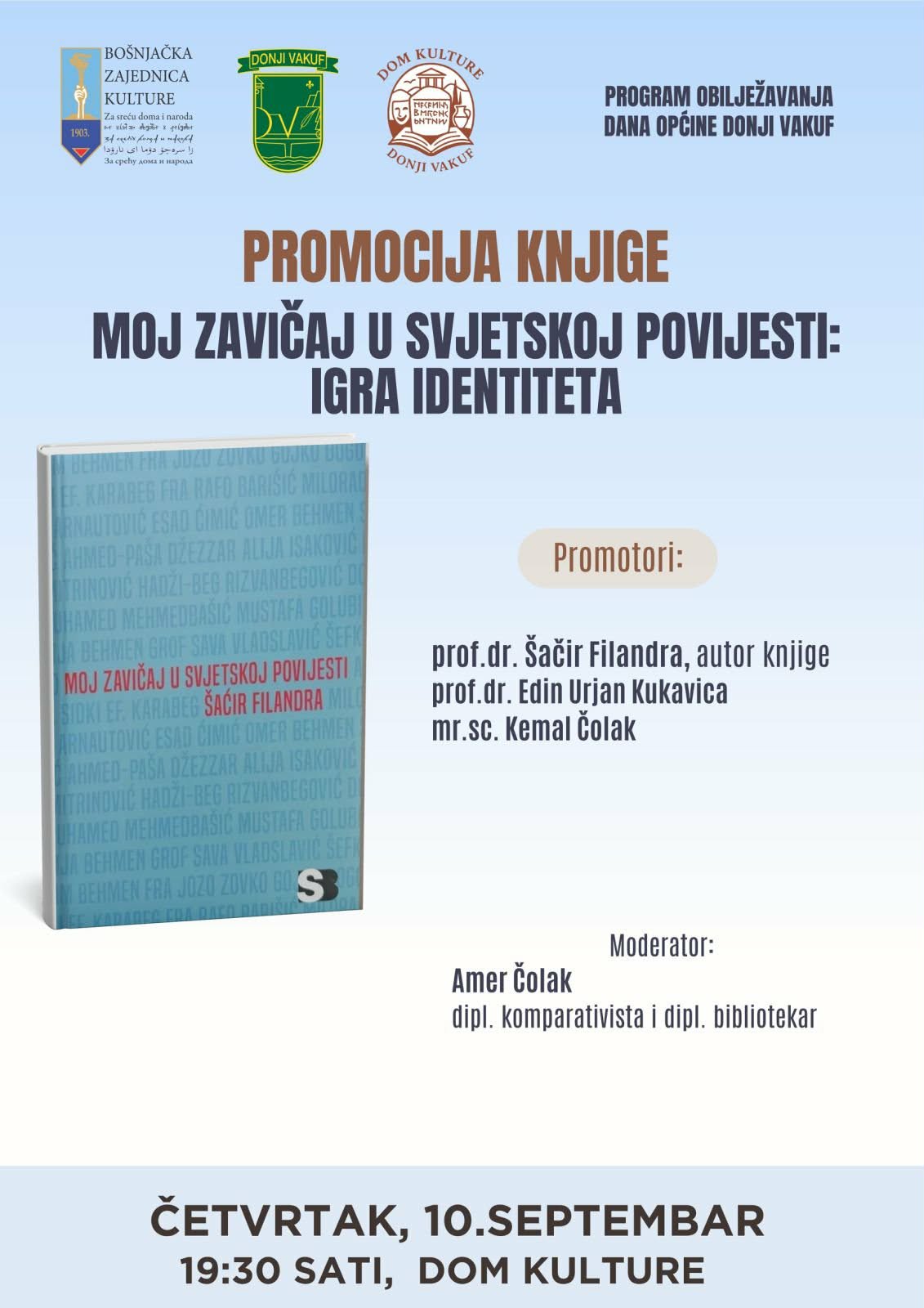 U četvrtak promocija knjige „Moj zavičaj u svjetskoj povijesti: igra identiteta“, prof.dr. Šaćira Filandre