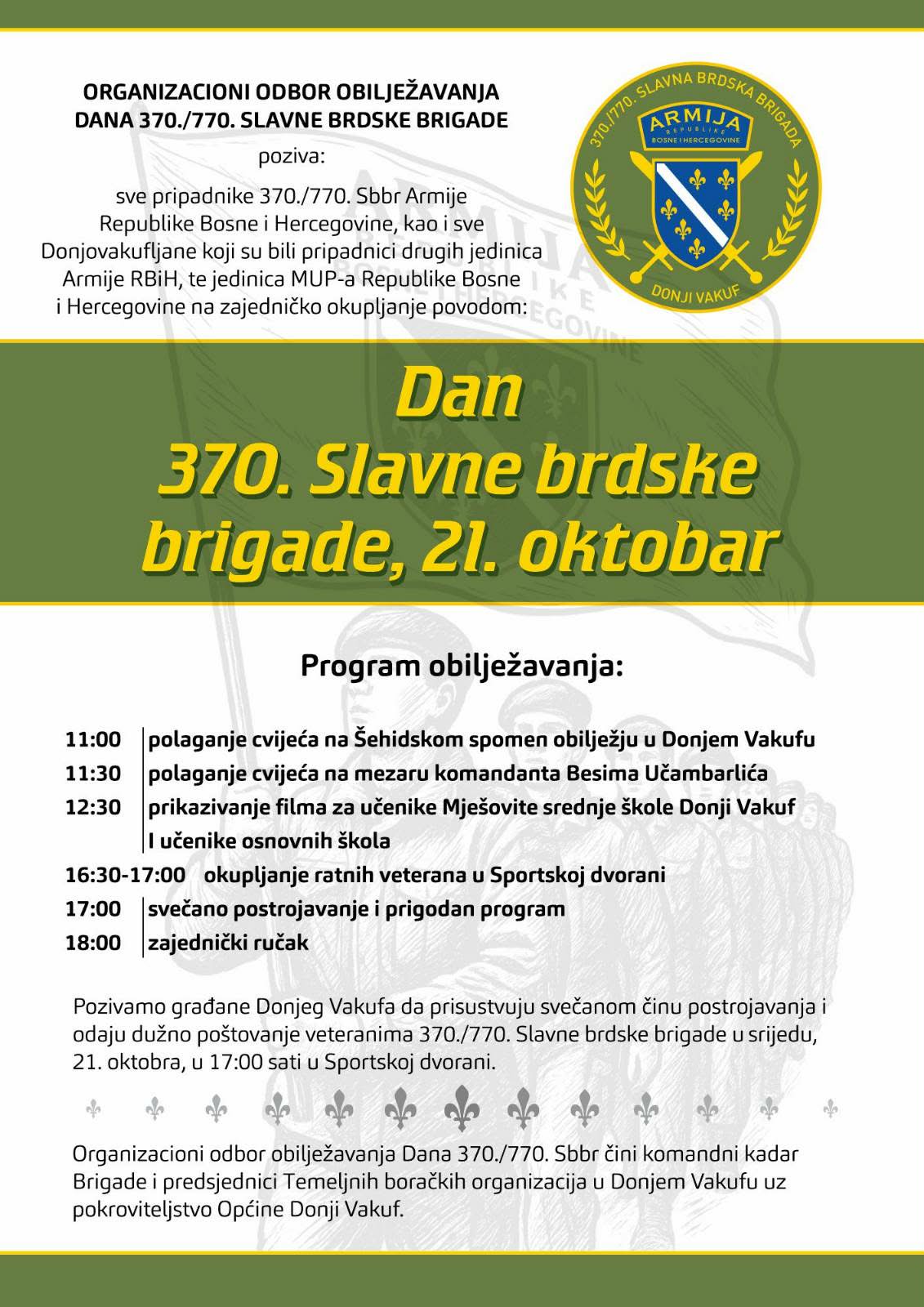 PROGRAM OBILJEŽAVANJA – Dana 370 / 770. Slavne brdske brigade