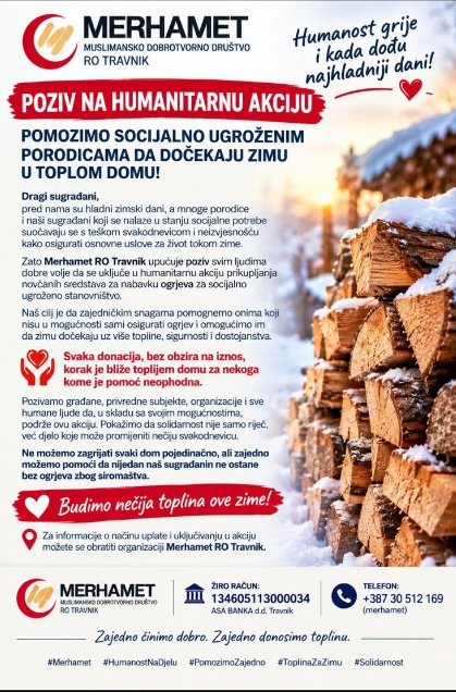 Merhamet Travnik pokrenuo humanitarnu akciju: Pomozimo socijalno ugroženim porodicama da dočekaju zimu u toplom domu
